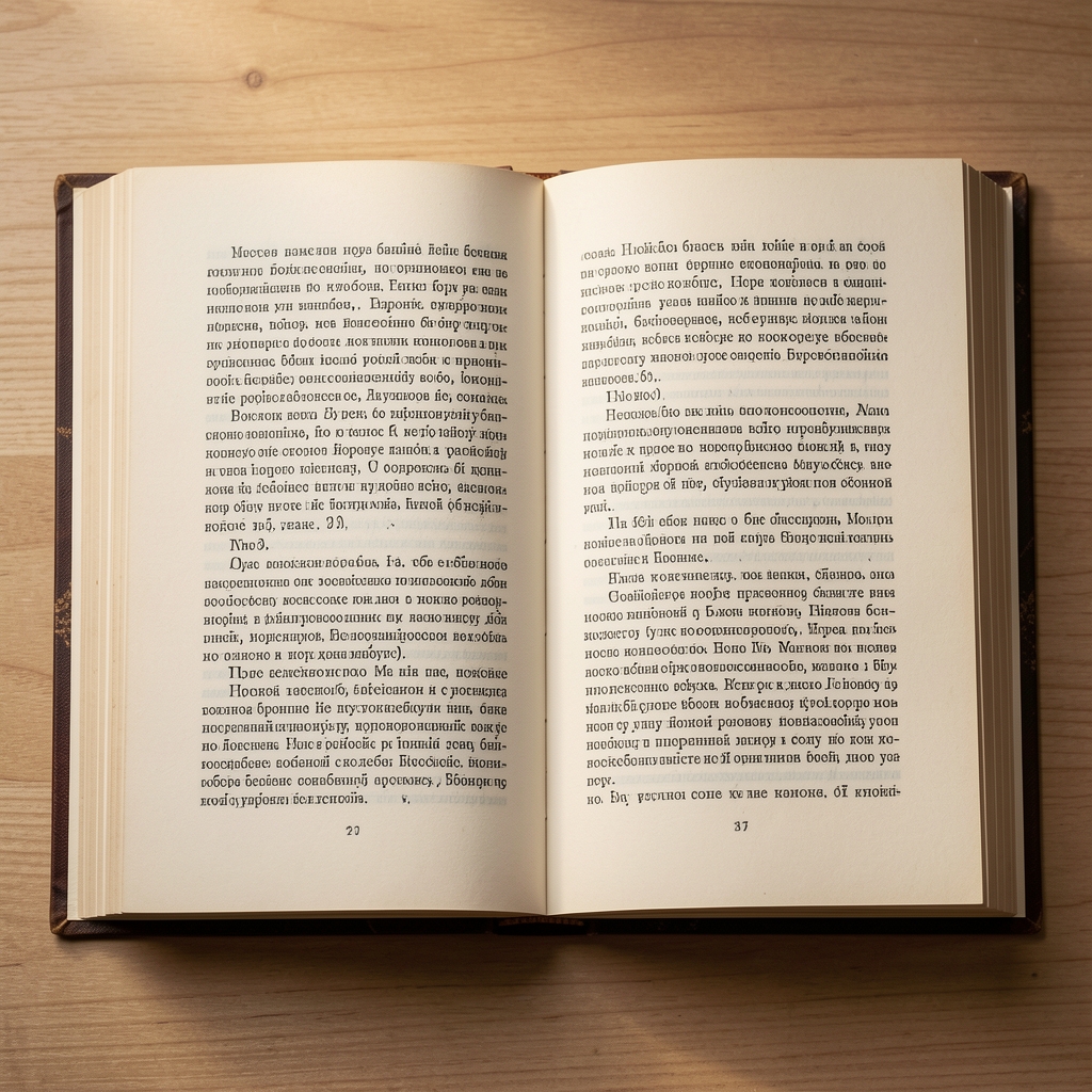 Открытая книга с набранным текстом антиквенным шрифтом с широкими полями и аккуратными абзацными отступами, иллюстрирующая принципы классической книжной типографики