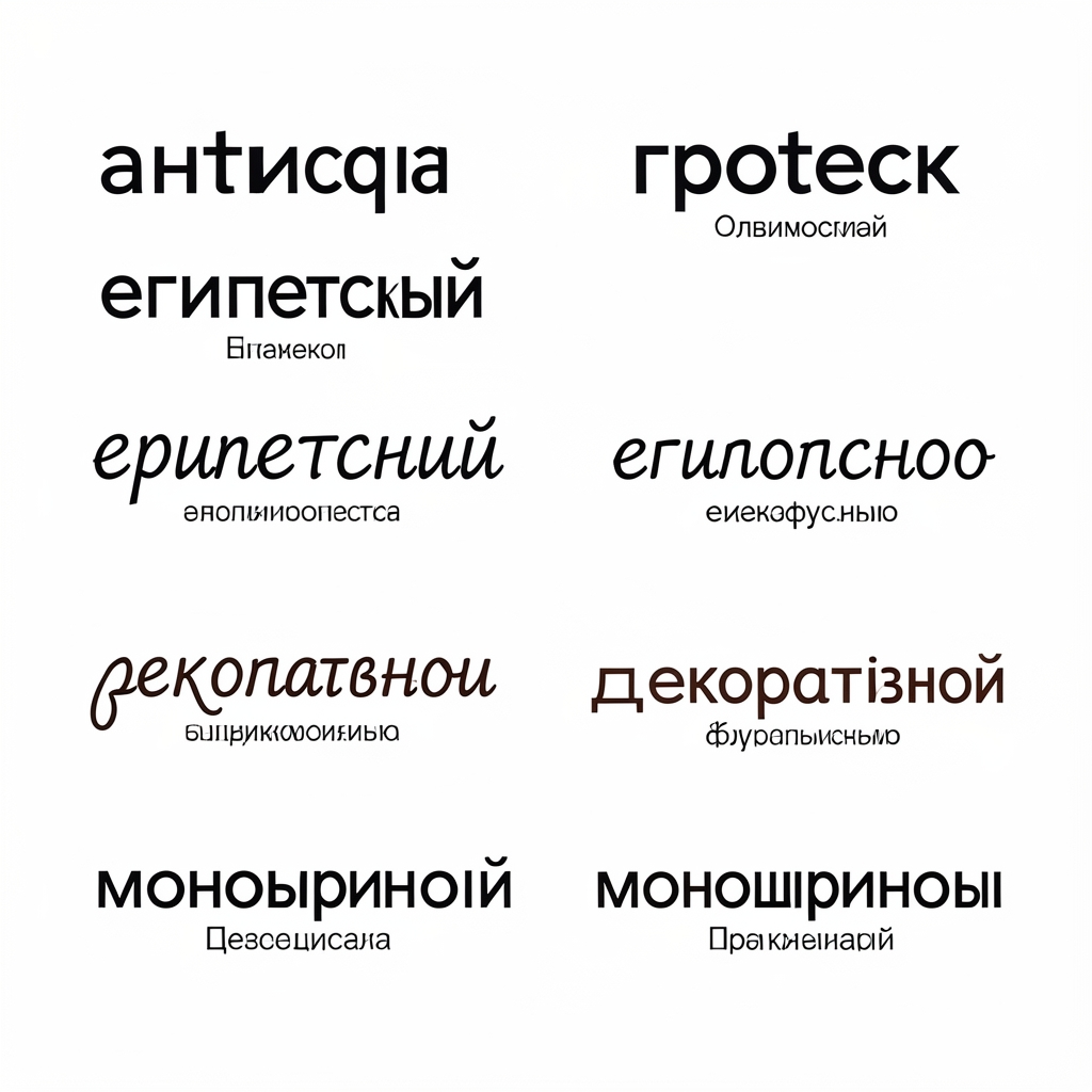 Инфографика с образцами шрифтов семи категорий классификации: антиква, гротеск, египетский, рукописный, декоративный, моноширинный — на белом фоне с типографскими подписями