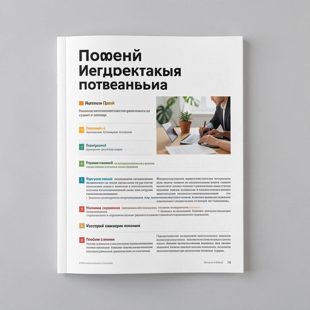 Макет журнальной страницы с пятью уровнями типографической иерархии: крупный заголовок, подзаголовок среднего размера, врезка, основной текст и мелкие подписи — с цветовыми метками каждого уровня
