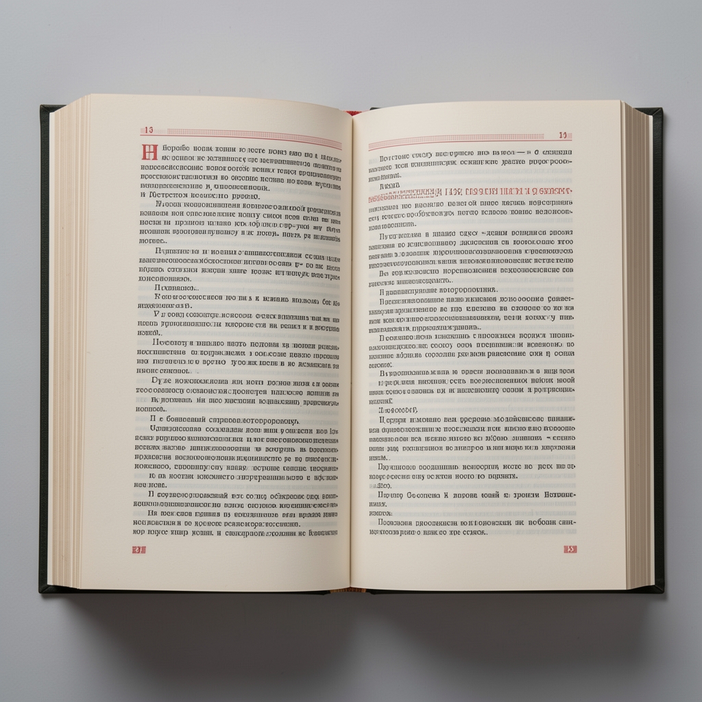 Разворот книги с аккуратными полями, двухколонным набором и красными колонтитулами, демонстрирующий классическую книжную вёрстку с сетчатой основой